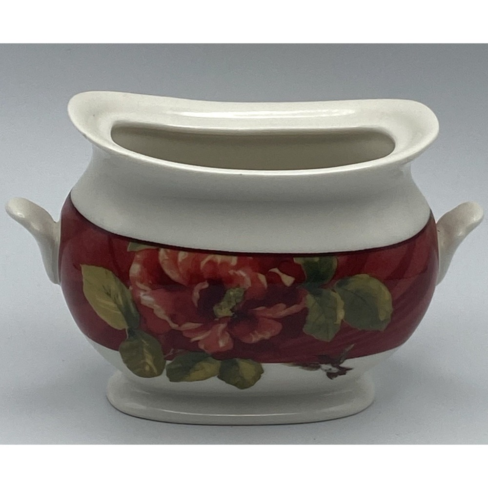 222 Fifth‎ Belize Sugar Bowl no lid dk Red Floral Makeup Toothbrush Holder Nick